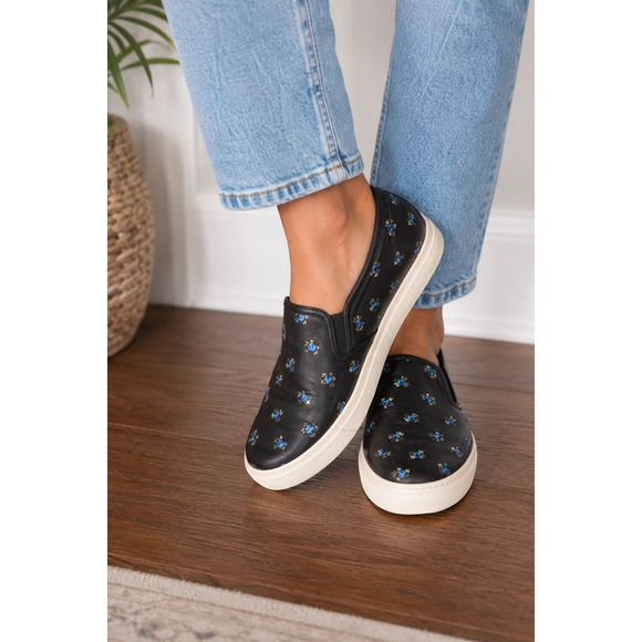 Coach Shoes - Coach Womens C1387 Black Leather Floral Embroidered Slip On Sneakers Size 10.5